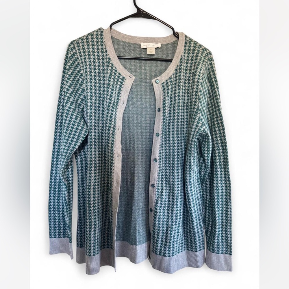 Christopher & Banks Green and Gray Houndstooth preppy Cardigan sweater